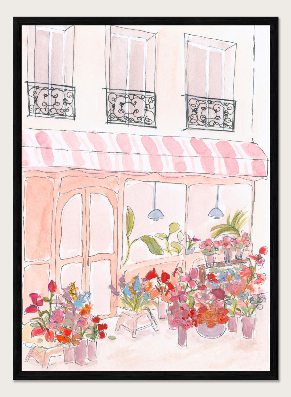 Illustration of a flower shop with a striped awning and flowers in front. Pink Flower Shop by Katharina Puritscher features a Paris-inspired storefront illustration with colorful bouquets, soft watercolor textures, and European street details. Floral art print with optional framing.