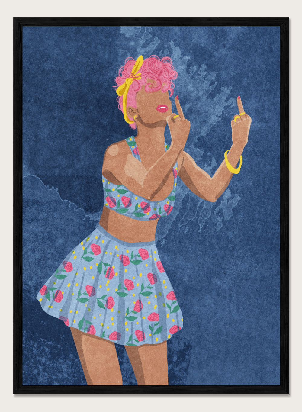 Illustration of a woman in a floral outfit against a blue textured background. Not Your Girl by Raissa Oltmanns is a modern woman portrait art print with a bold middle finger pose, floral outfit illustration, and statement wall poster style.