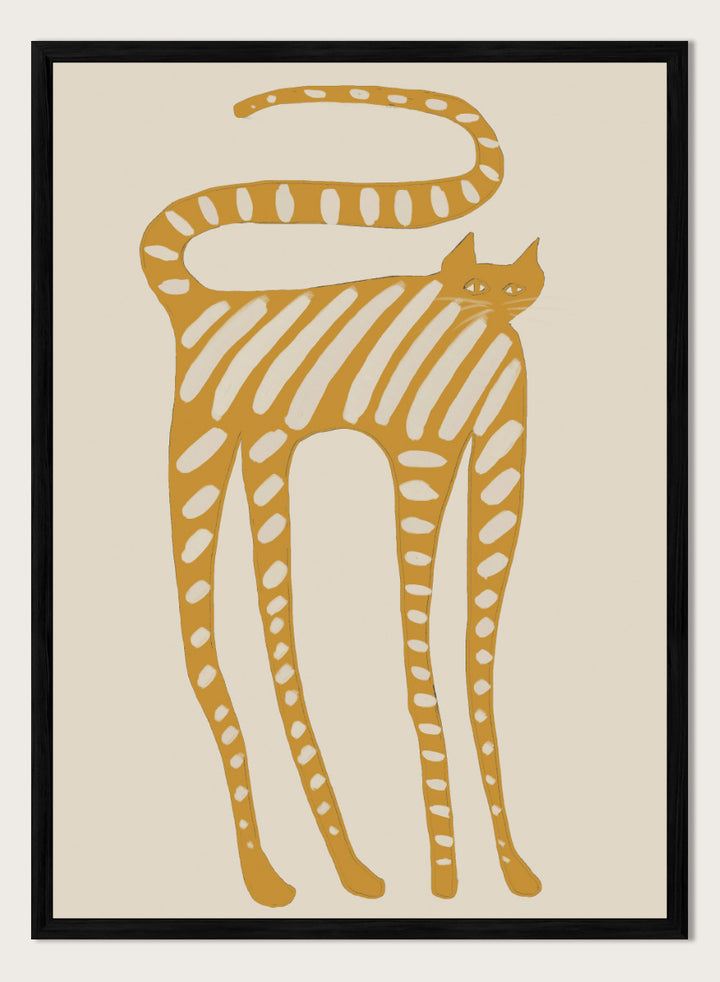 A stylized art print of a cat in a minimalist design, featuring a mustard yellow cat with white stripes and spots on a light beige background. Whimsical Striped Cat by The Art Concept cat art print featuring a mustard-yellow cat with cream stripes, long legs, and an oversized looping tail.