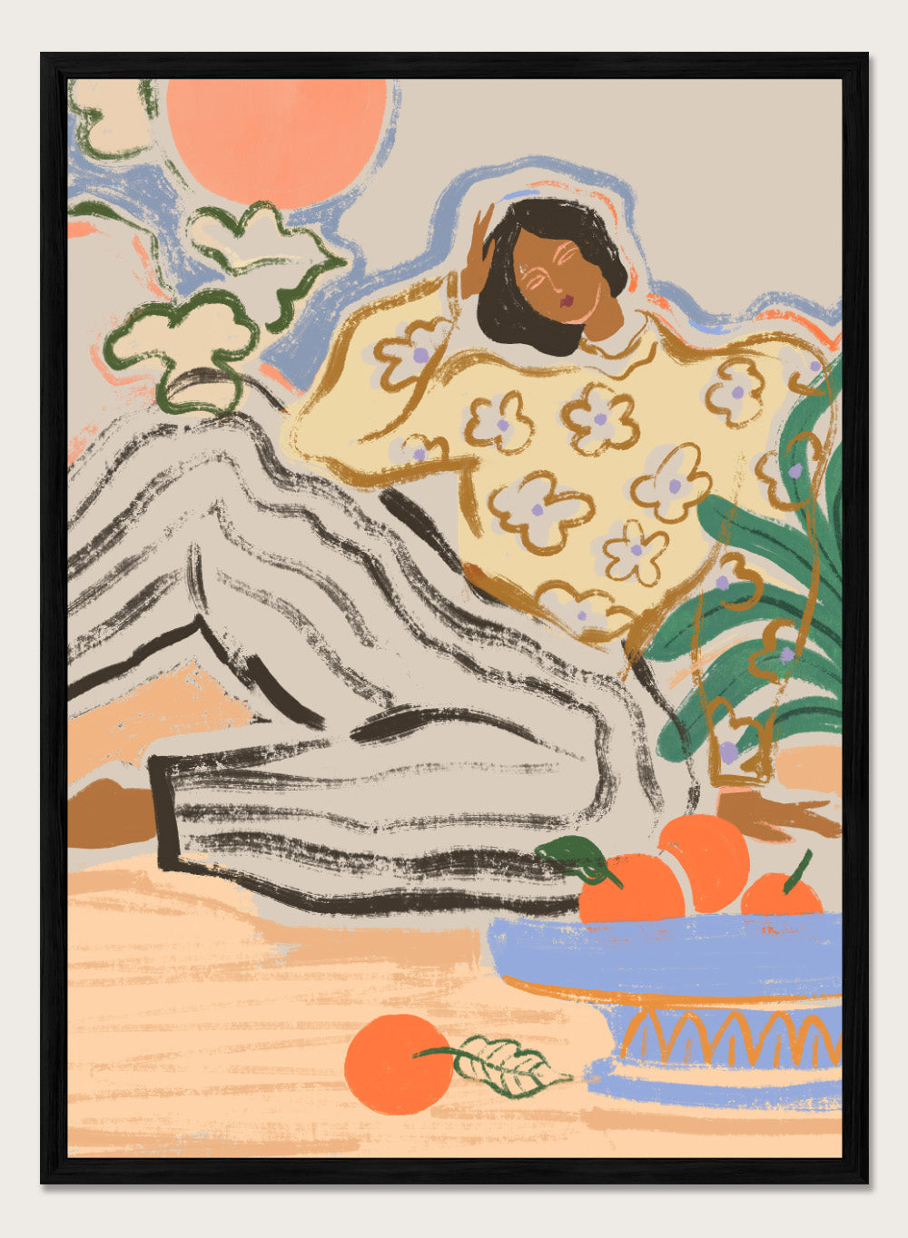 Artistic depiction of a person lounging on a beach with a bowl of fruit and flowers. Lazy Days by Arty Guava is a modern woman art print with warm colors, oranges, and relaxed still life details. Officially licensed wall poster.