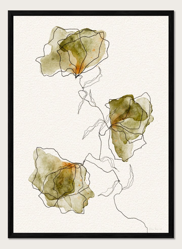 Abstract floral watercolor art print featuring three overlapping flower shapes in muted olive green, beige, and soft orange tones, outlined with fine black lines on a textured off-white background. Shop Green Watercolor Flowers by Ankie Kooi, an abstract floral wall art print poster with watercolor botanicals, minimalist line art, and green tones.