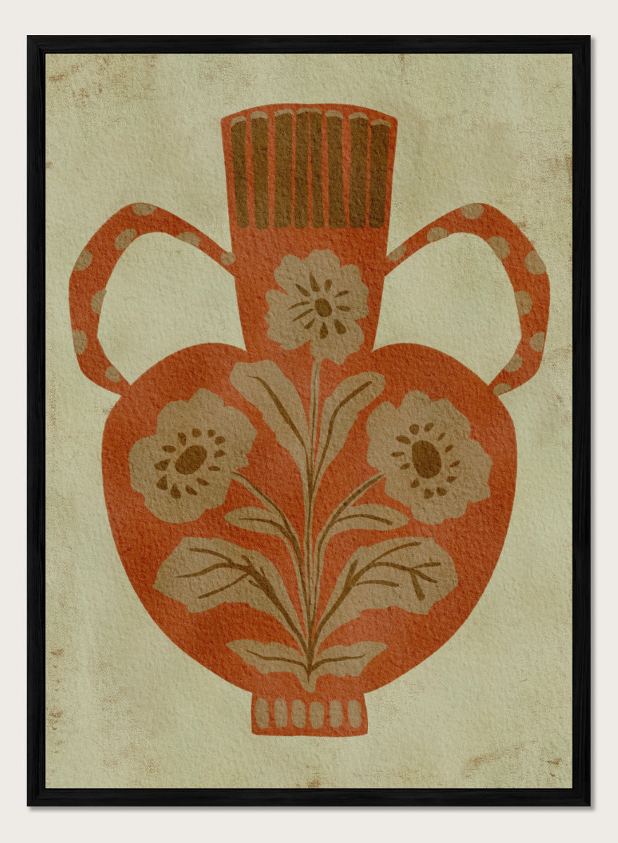 Shop Rustic Floral Vase by Nikita Jariwala, a botanical wall art print featuring a terracotta vase, folk-inspired flowers, and warm rust, tan, and cream tones.