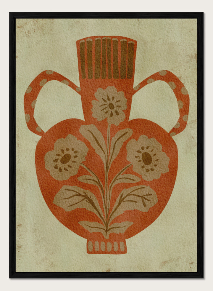 Shop Rustic Floral Vase by Nikita Jariwala, a botanical wall art print featuring a terracotta vase, folk-inspired flowers, and warm rust, tan, and cream tones.