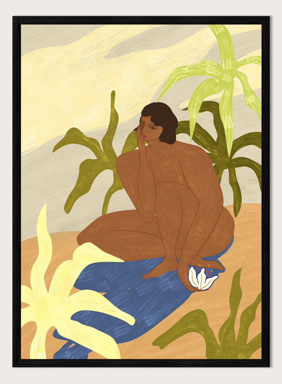 An art print featuring a stylized illustration of a seated figure with dark hair, surrounded by green tropical leaves, a blue cloth, and a white flower, set against a sandy beige and cream background. Au Naturel by Arty Guava premium framed fine art print featuring a seated woman surrounded by oversized tropical plants in warm earthy tones.