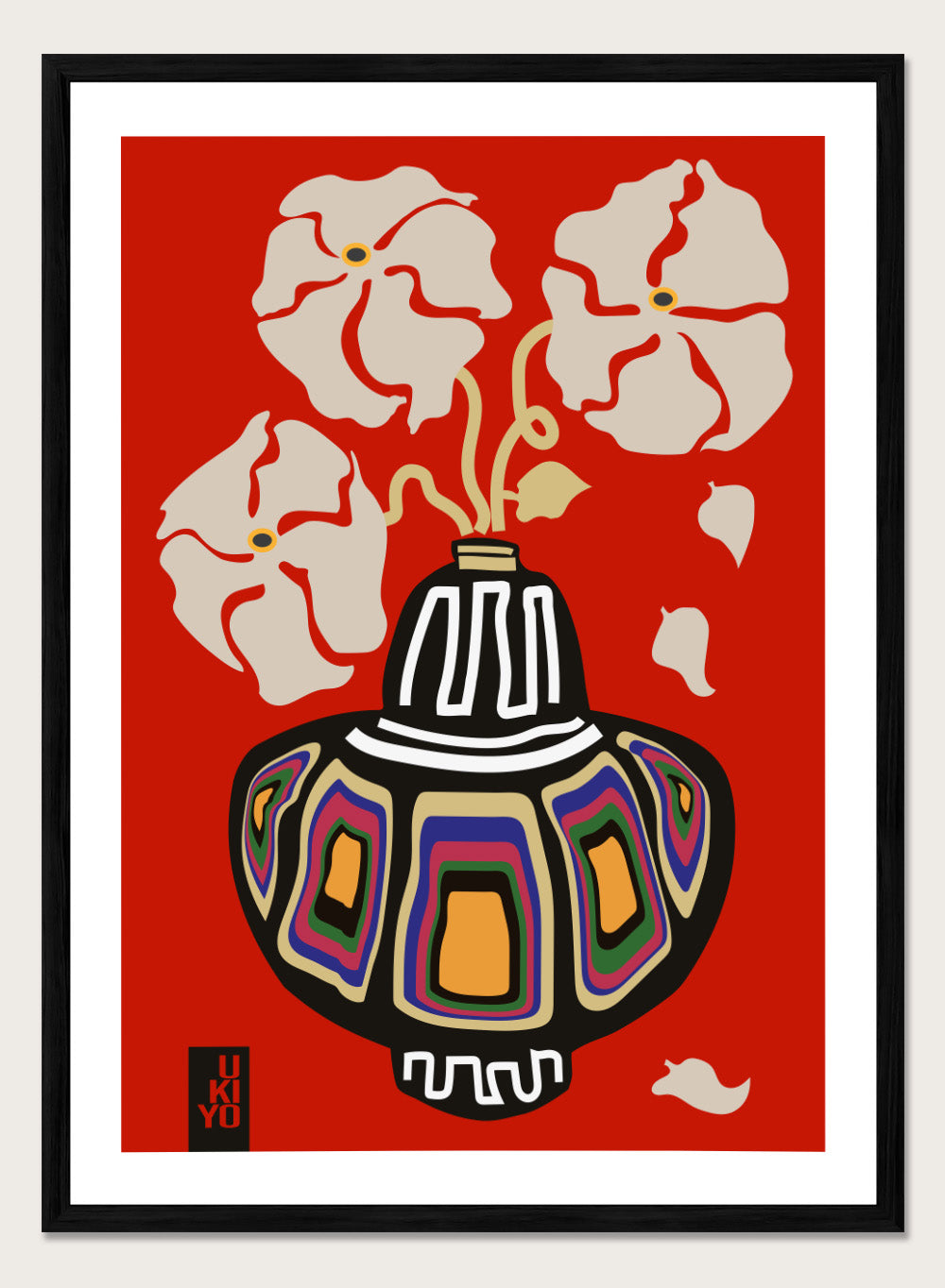 Decorative vase with colorful patterns on a red background. Ukiyo Vase Flower Rainbow Red by Frances Collett art print featuring a colorful patterned vase with cream flowers on a red background. Officially licensed wall poster with optional framing.