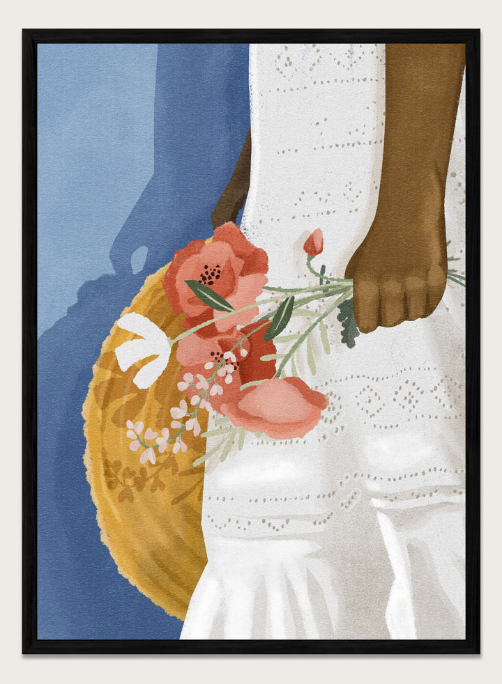 Close-up of a person holding a floral arrangement with a blue background. Feeling Blue by Goed Blauw is a figure art print and wall poster featuring a woman holding flowers with a deep blue background and soft tones.
