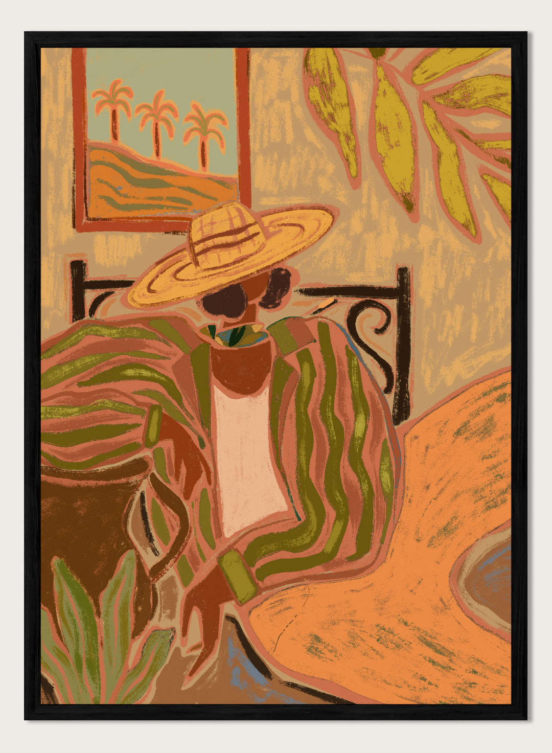Artistic depiction of a person wearing a straw hat and patterned dress in a tropical setting. Lady in Stripe by Arty Guava art print featuring woman in straw hat and striped shirt with tropical palm landscape and warm contemporary illustration wall art poster.