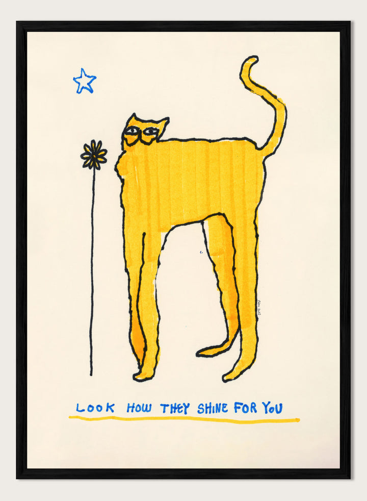 Yellow cat illustration with a flower and text on a beige background. Look How They Shine for You by Eden Kalif is a modern cat art print in yellow with text, a contemporary minimalist wall poster with playful form and expressive line work.