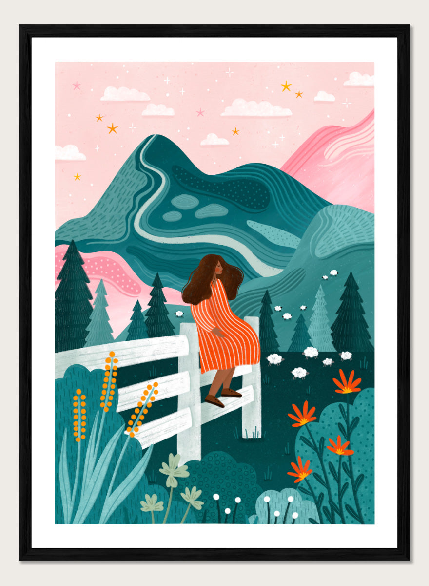 Shop Woman Rural Starry Night by Bea Müller, a figurative landscape wall art print poster featuring a woman, mountain scenery, wildflowers, and a pink starry sky.