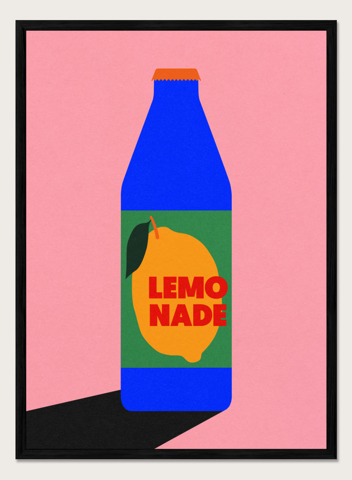 Blue bottle labeled 'Lemonade' with a lemon graphic on a pink background. Lemonade by Rosi Feist is a contemporary food and drink art print, perfect as modern kitchen poster wall decor with bold graphic design.