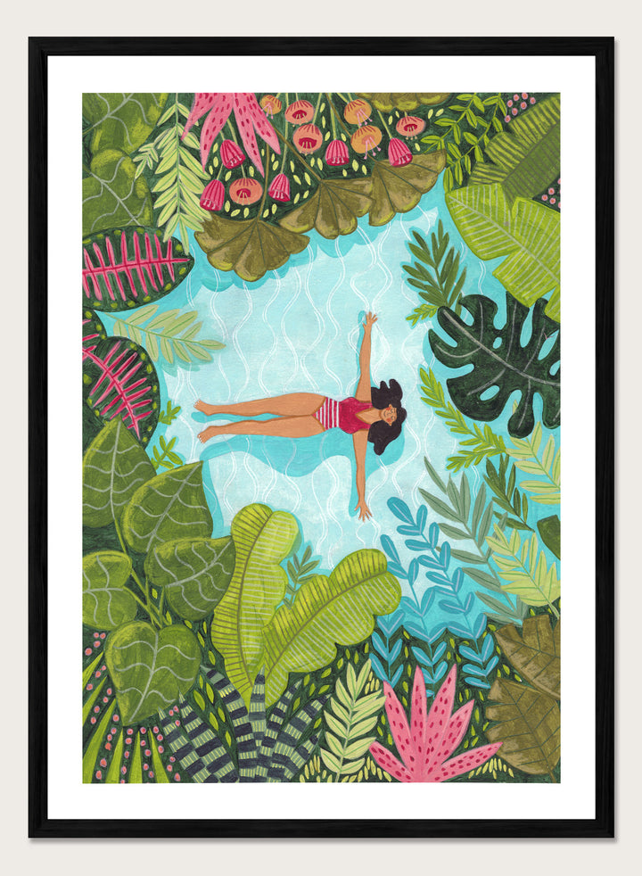 Illustration of a woman swimming in a pool surrounded by tropical plants. Tropical Pool Relaxation by Caroline Bonne Müller is a fine art print and wall poster of a woman floating in a pool surrounded by tropical plants.