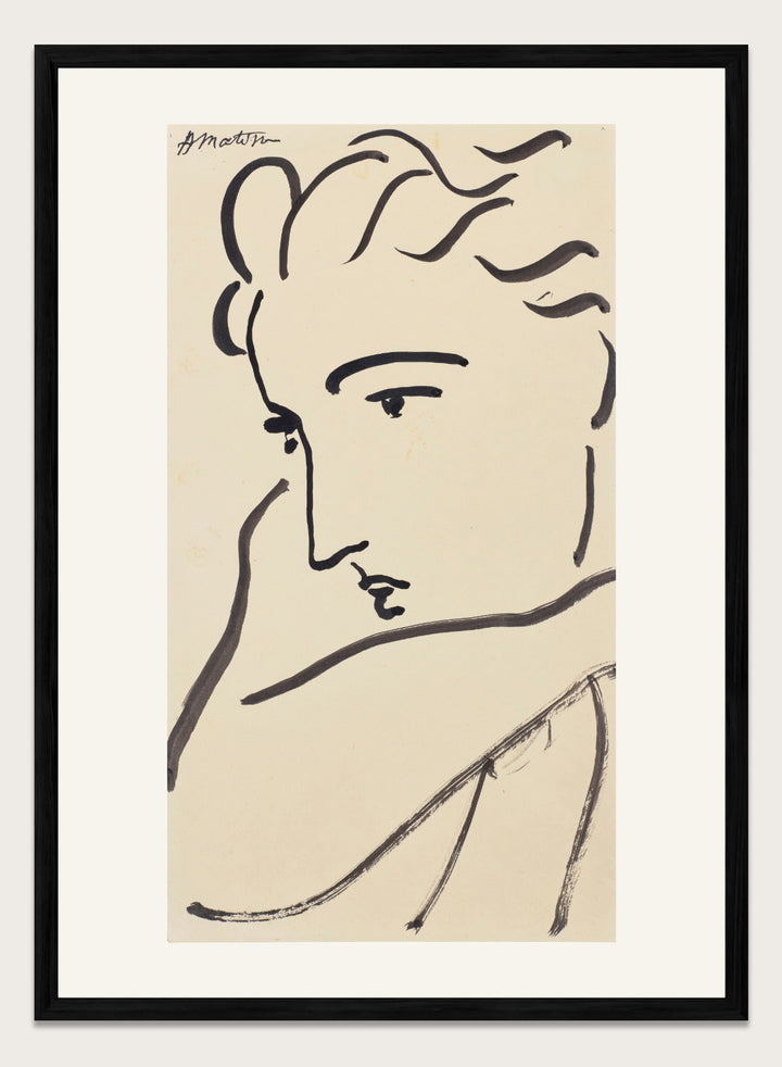 Artistic line drawing of a profiled face on beige paper. Profil de femme by Henri Matisse is a minimalist portrait art print featuring expressive black linework, modern French design, and elegant abstract simplicity.