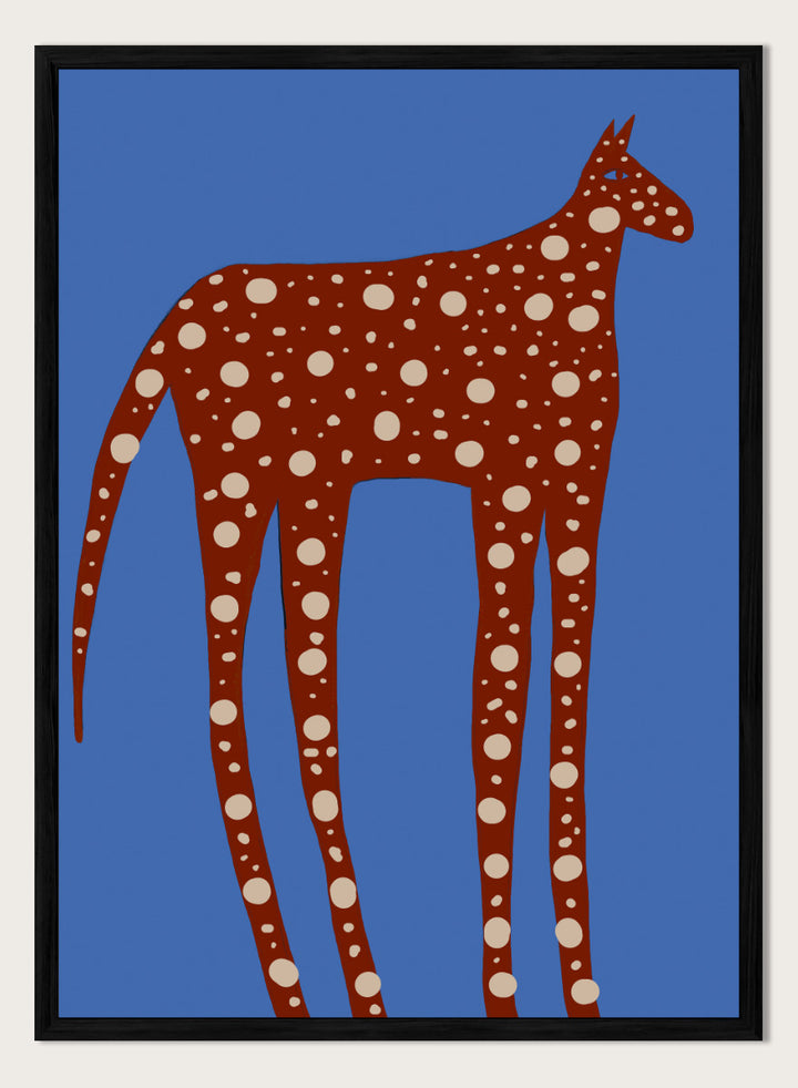 Spotted Long Legged Horse by The Art Concept playful animal art print featuring an elongated spotted horse against a bold blue background.