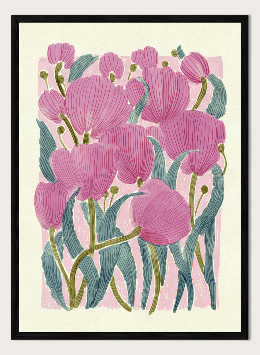 A framed art print featuring a stylized illustration of pink tulips with textured green leaves on a light cream background. Shop Pink Tulips by Katie O&