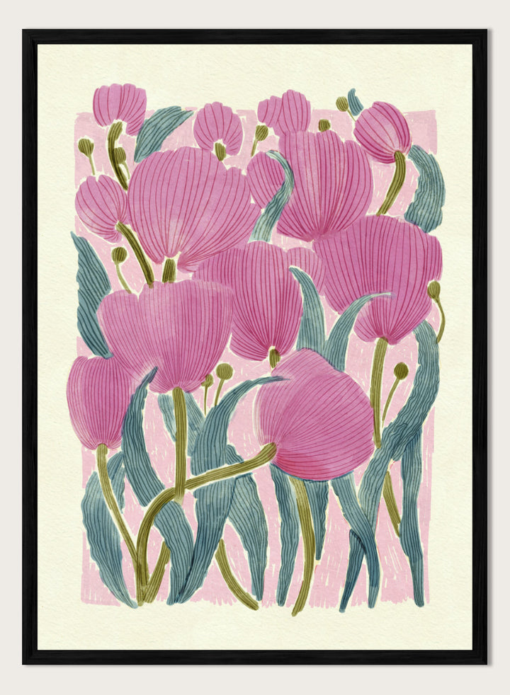 A framed art print featuring a stylized illustration of pink tulips with textured green leaves on a light cream background. Shop Pink Tulips by Katie O&