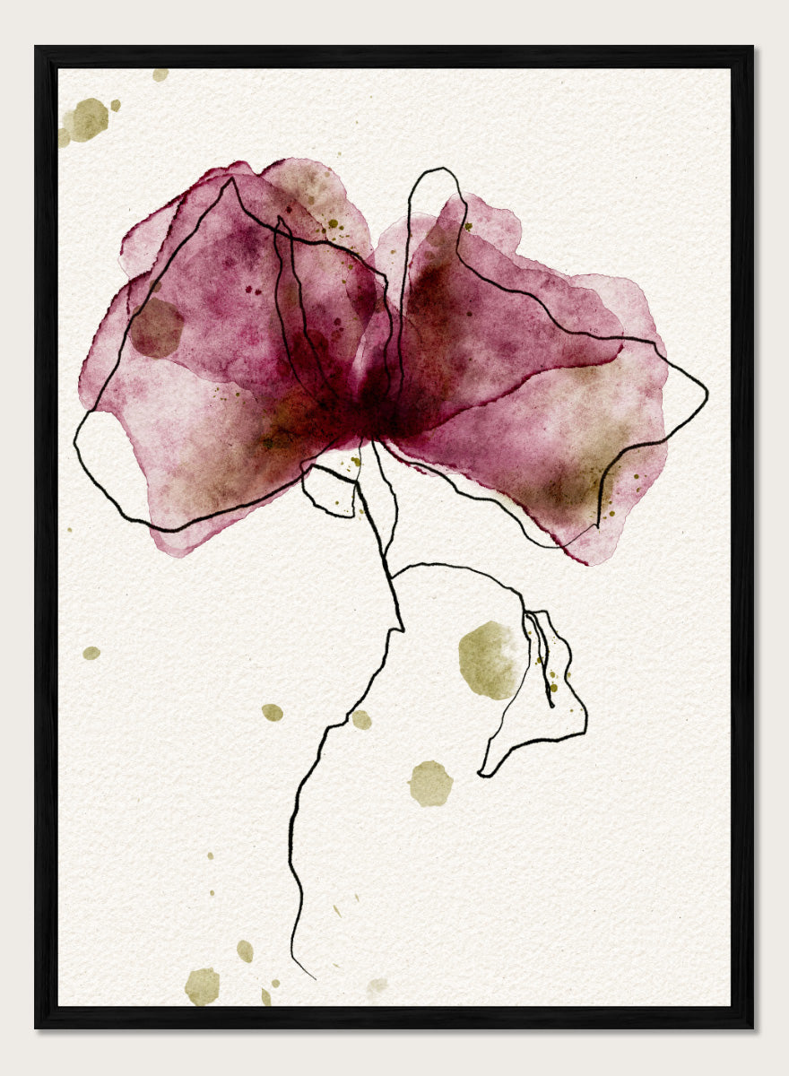 Abstract watercolor floral art print featuring a large flower with translucent mauve, burgundy, and olive-green washes outlined in black on textured off-white paper. Shop Ethereal Floral Outline by Ankie Kooi, a modern floral wall art print poster with abstract flower line art, watercolor botanicals, deep berry, and olive green.