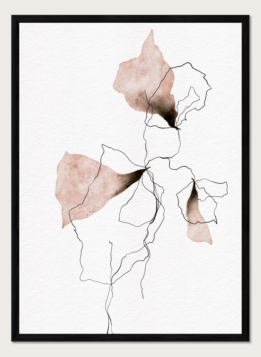 Shop Delicate Blush Botanicals by Ankie Kooi, a modern floral wall art print poster with abstract watercolor flowers, botanical line art, pink, cream, and black.