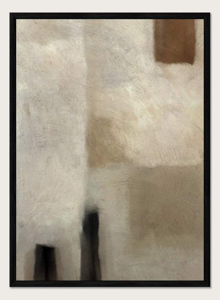 An abstract painting featuring textured blocks of warm beige, cream, and brown, with dark charcoal-like vertical shapes near the bottom and a small brown block in the upper right corner. Shop Brumea by Dan Hobday, a neutral abstract art print featuring soft layered forms, brushed texture, muted earthy tones, and a modern minimalist feel.