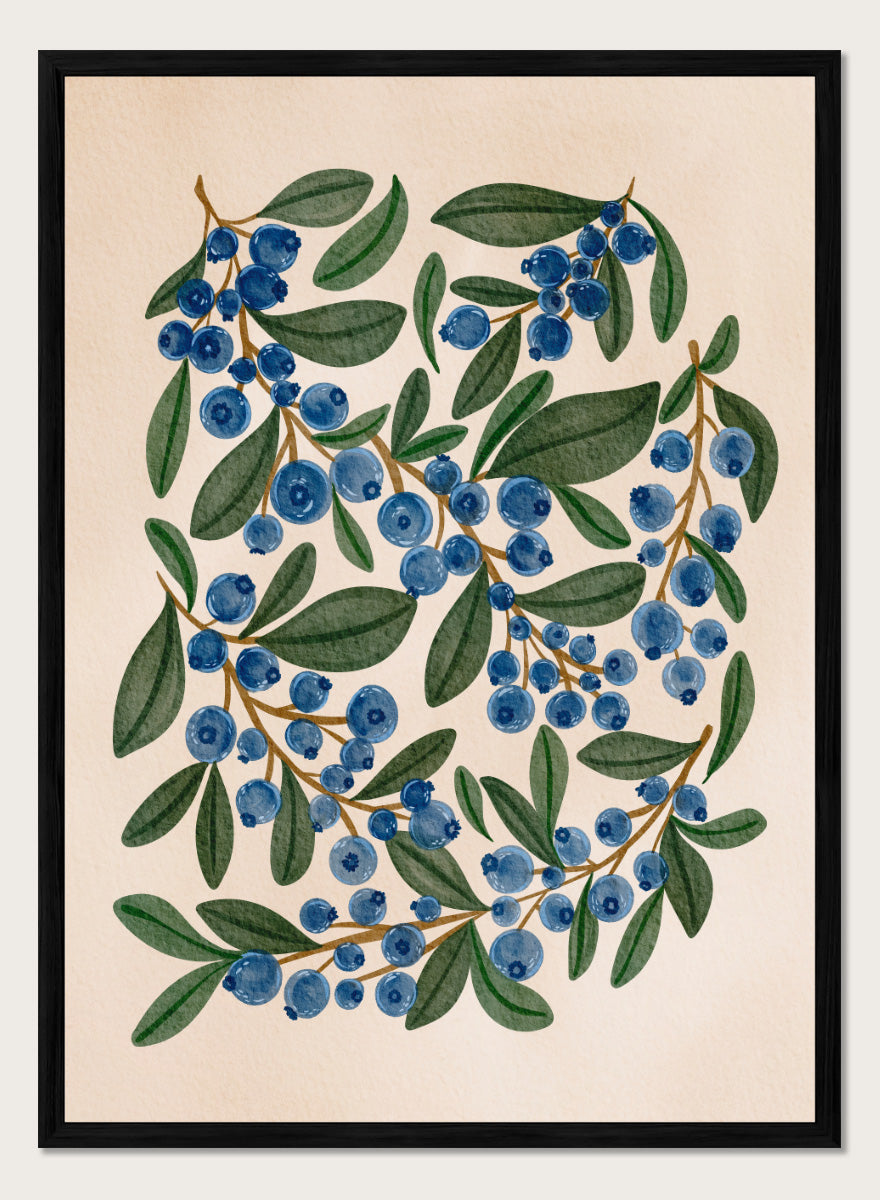 Botanical art print of blueberry branches with green leaves on a warm beige background. Shop Fresh Blueberry Sprigs by Nikita Jariwala, a botanical wall art print poster featuring blueberry branches, deep blue berries, and leafy green summer detail.