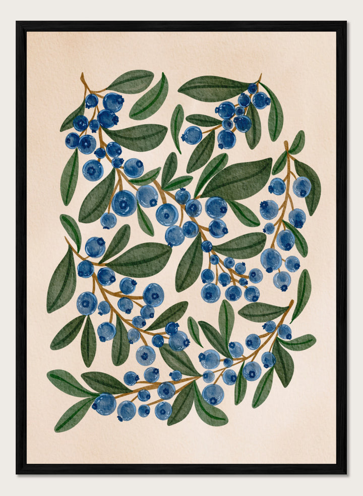 Botanical art print of blueberry branches with green leaves on a warm beige background. Shop Fresh Blueberry Sprigs by Nikita Jariwala, a botanical wall art print poster featuring blueberry branches, deep blue berries, and leafy green summer detail.