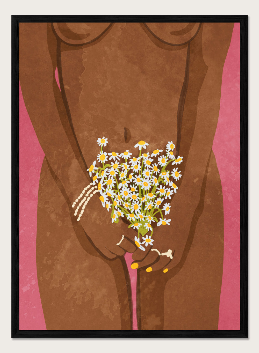 Illustration of a hand holding flowers against a brown background. Wearing Flowers by Raissa Oltmanns is a modern woman portrait art print with daisies, pink background, and minimalist graphic wall poster design.