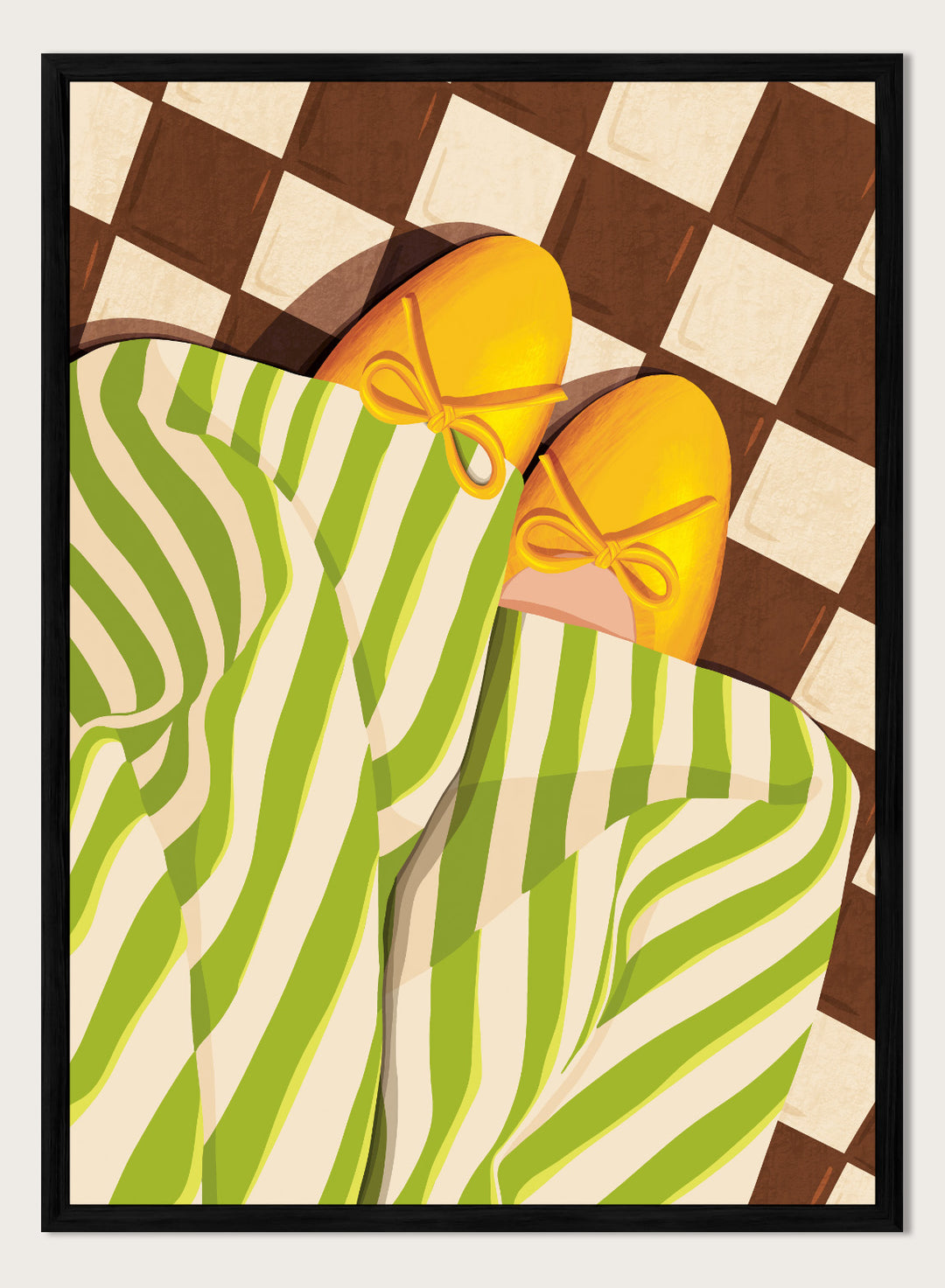 A stylized illustration of a person wearing green and white striped pajama pants and yellow slip-on shoes with bow details, lying on a brown and cream checkered floor. Cozy Striped Feet by Lisa Solomoniuk premium framed fine art print featuring yellow slippers, green striped trousers, and a bold checkered floor.