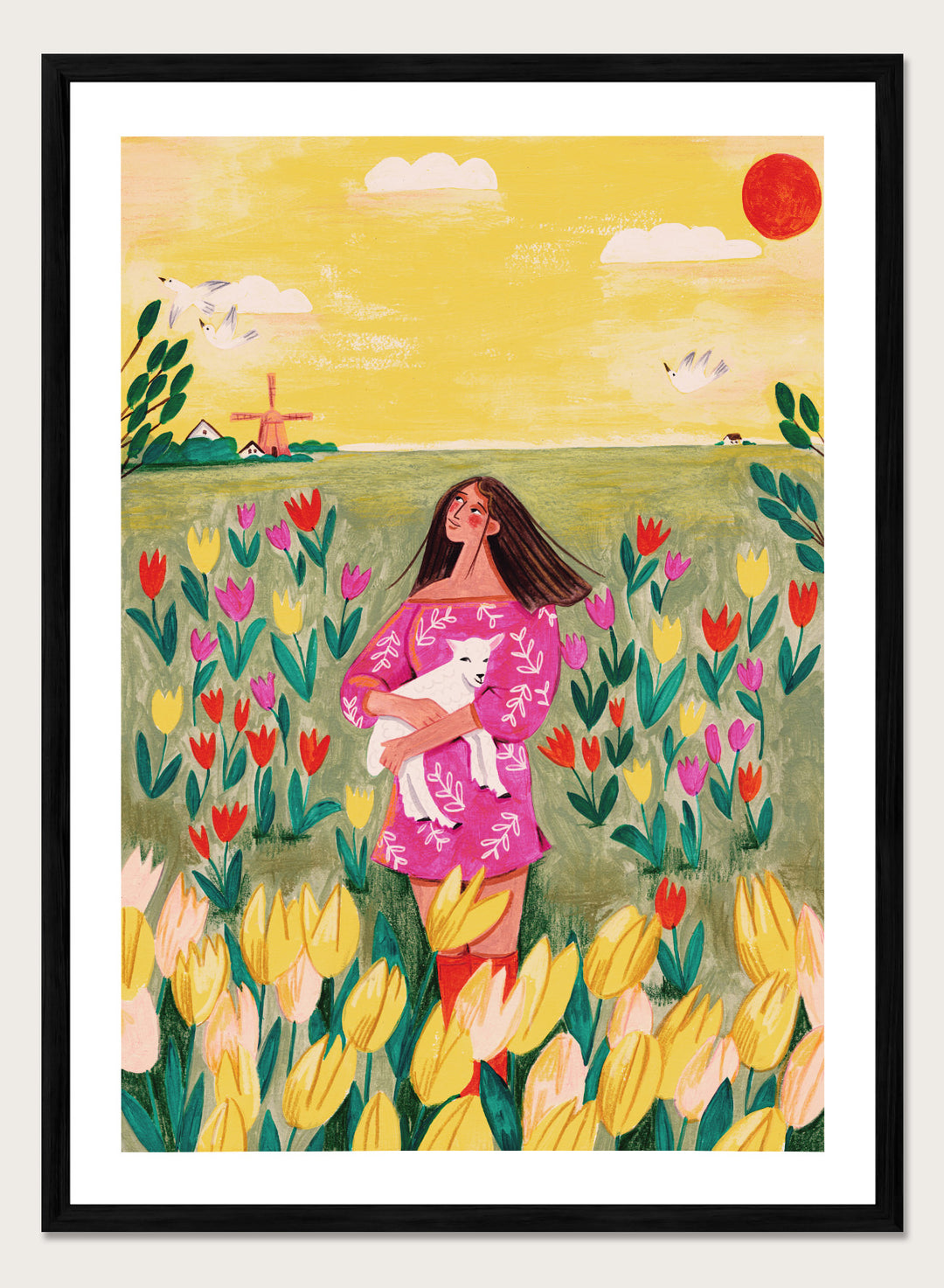 Woman holding a lamb in a field of flowers with a yellow sky and red sun. Woman Lamb Tulip Field by Caroline Bonne Müller is a fine art print and wall poster of a woman holding a lamb in a tulip field with a bright landscape.