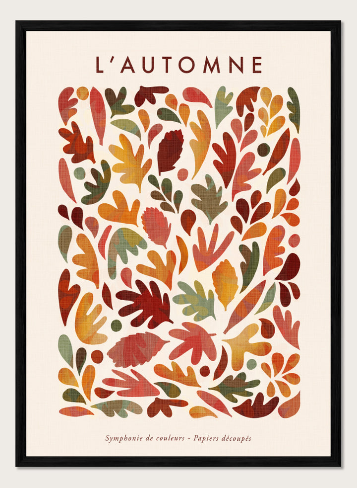 Shop Earthy Organic Leaves by Dominique Vari, an autumn botanical wall art print poster featuring abstract fall leaves in orange, red, olive, mustard, and warm earthy tones.