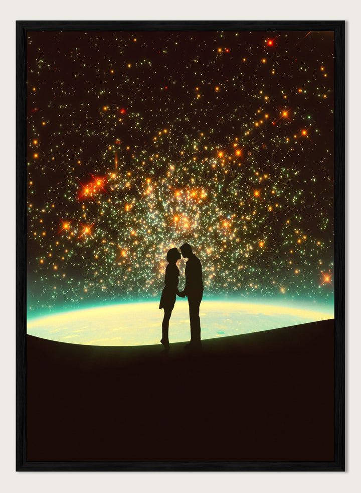 Silhouette of a couple against a starry night sky with Earth in the background. A Cosmic Kiss by Taudalpoi romantic couple silhouette art print with glowing stars and cosmic horizon surreal poster wall art.