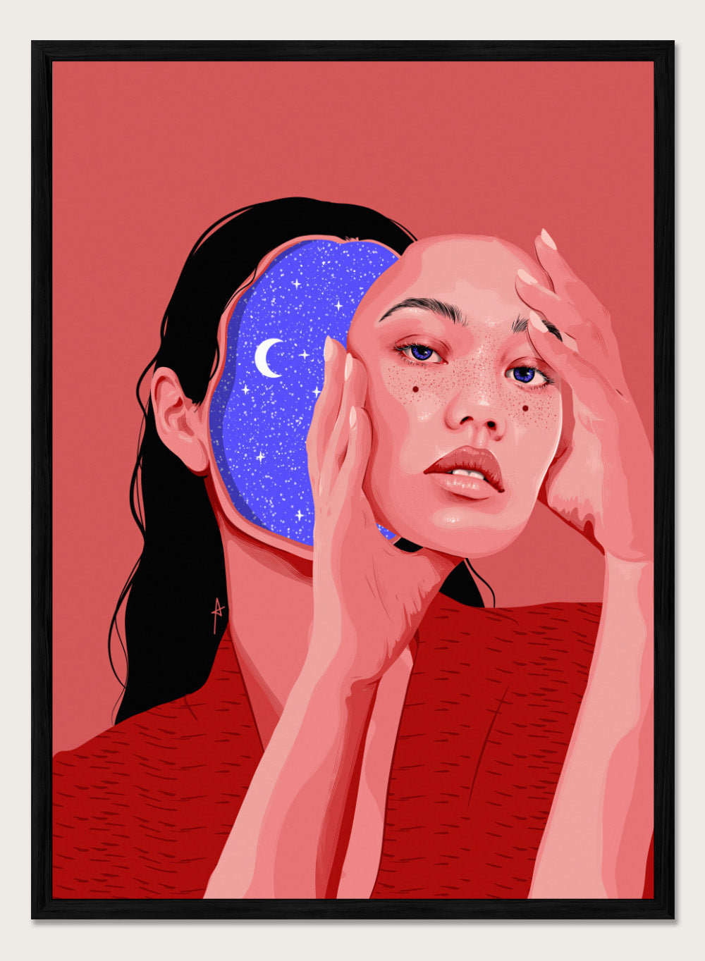 Illustration of a person with a starry night design, on a red background. Des Astres by AnA Ariane is a surreal portrait art print featuring a woman with a starry cosmic interior. Modern figurative wall poster.