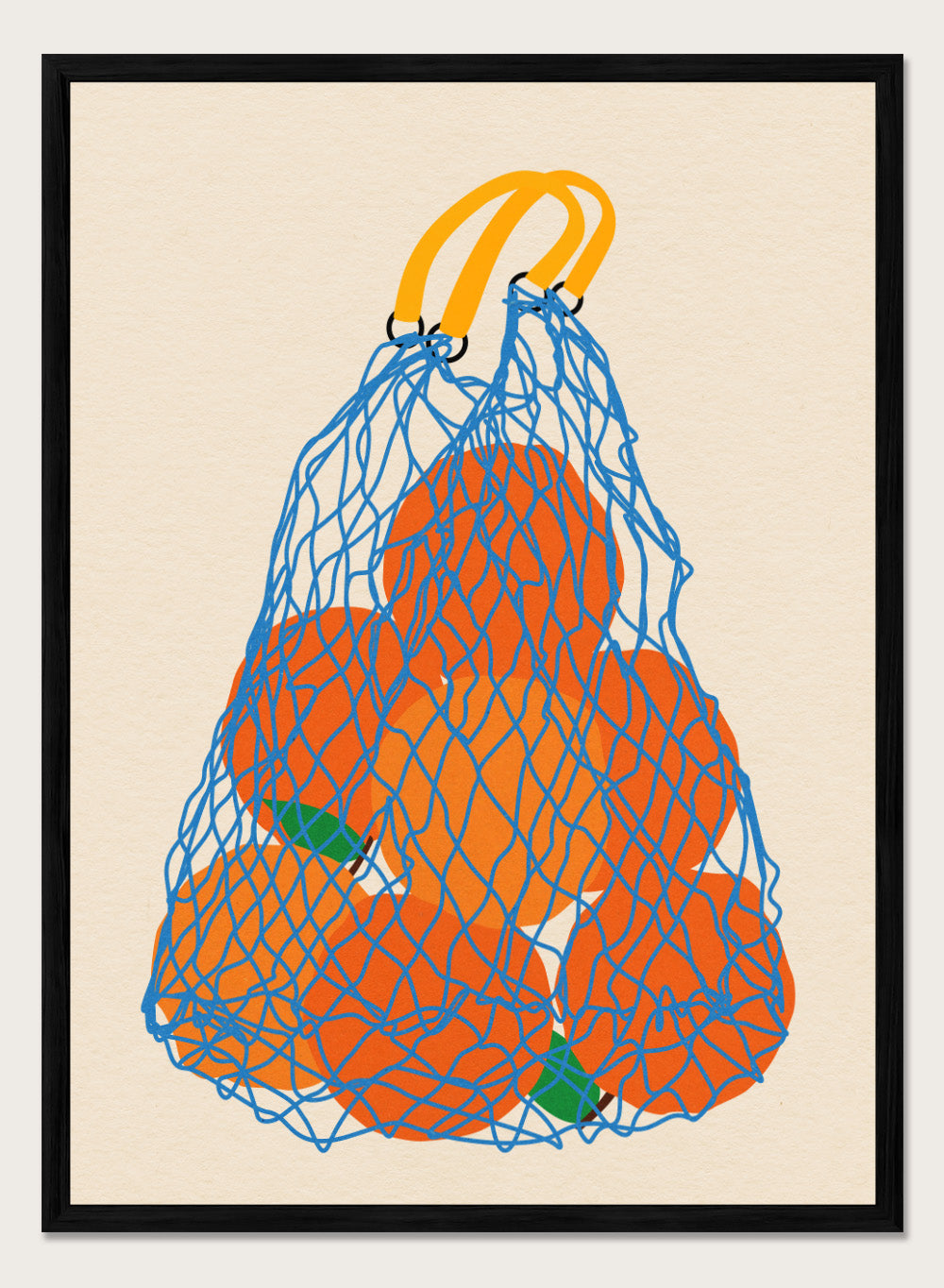 Blue mesh bag filled with orange fruits on a beige background. Oranges In a Net Bag by Rosi Feist is a modern minimalist fruit art print with bold color and Bauhaus-inspired graphic design. Officially licensed fine art poster with framing.