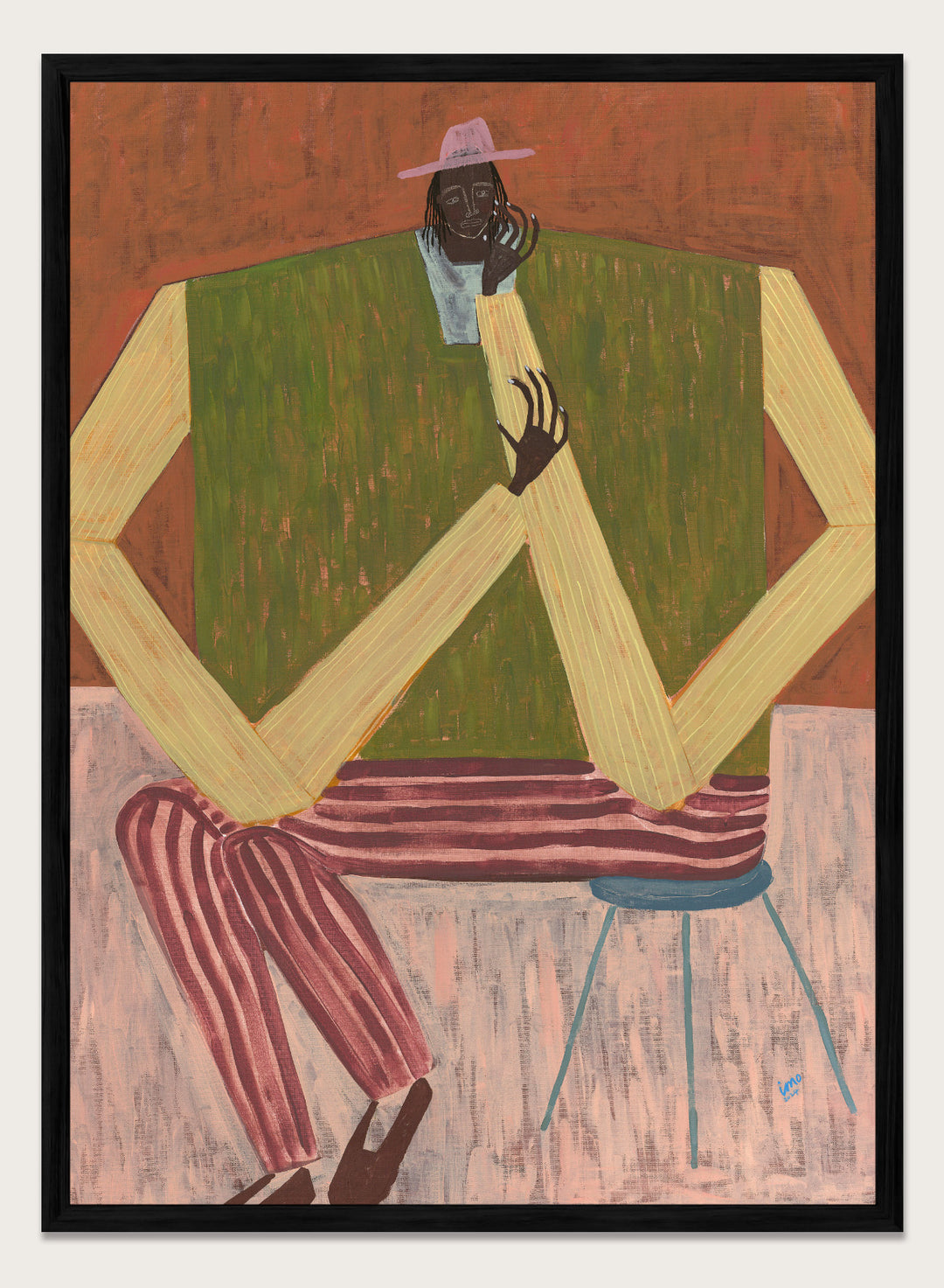 Surrealistic painting of a person sitting on a chair with geometric shapes and abstract design. Take a Moment by Studio IMO (Ibi Meier-Oruitemeka) is a modern figurative art print featuring a seated figure in a calm, reflective pose, designed as a contemporary wall art poster.