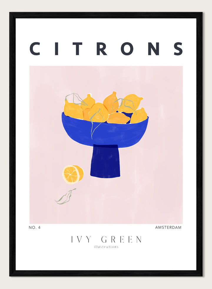 Illustration of lemons in a blue bowl on a pink background with 'Citrons' text and 'Ivy Green' branding. Citrons by Ivy Green lemon art print featuring bowl of lemons illustration, modern fruit poster design, and colorful contemporary kitchen wall art.