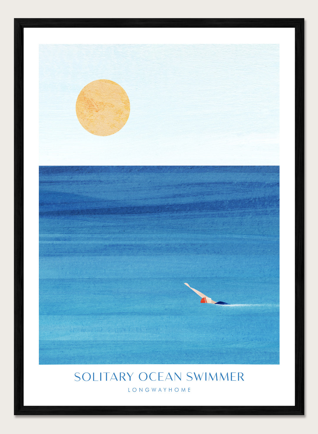 Art print of a solitary ocean swimmer with a large sun in the sky. Solitary Ocean Swimmer by Longwayhome is a minimalist ocean art print featuring deep blue water, lone swimmer imagery, and calming coastal wall art.