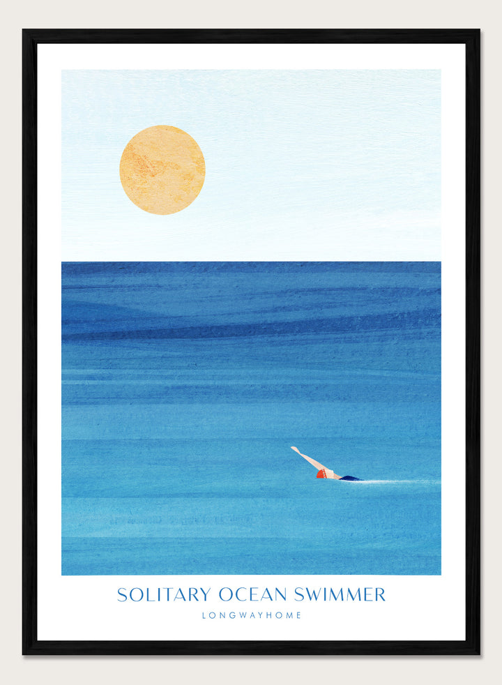 Art print of a solitary ocean swimmer with a large sun in the sky. Solitary Ocean Swimmer by Longwayhome is a minimalist ocean art print featuring deep blue water, lone swimmer imagery, and calming coastal wall art.