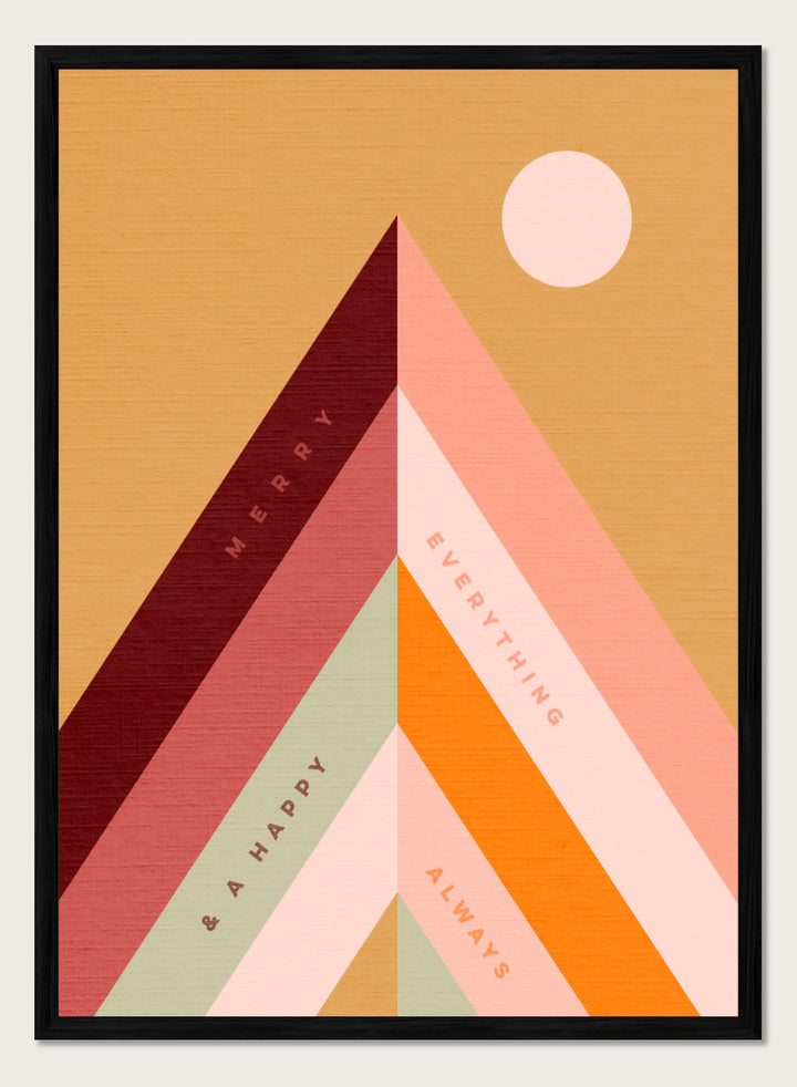 Shop Merry Everything Mountains by Dominique Vari, a retro holiday wall art print poster featuring colorful geometric mountains, cheerful typography, and warm festive tones.