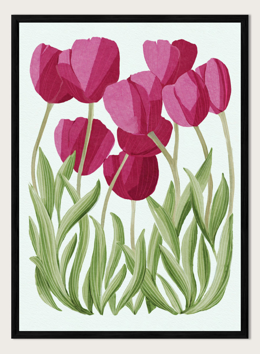 A stylized floral illustration of pink tulips with green leaves on a white background. Shop Tulips Floral Art Print by Katie O&