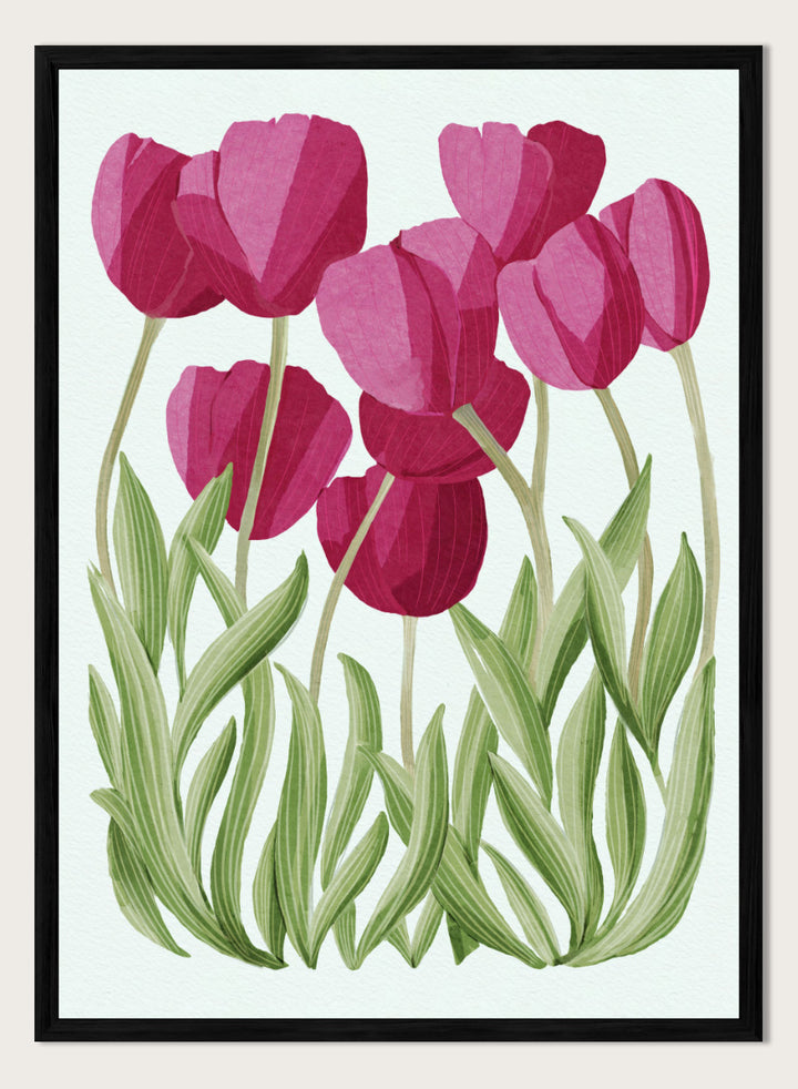 A stylized floral illustration of pink tulips with green leaves on a white background. Shop Tulips Floral Art Print by Katie O&