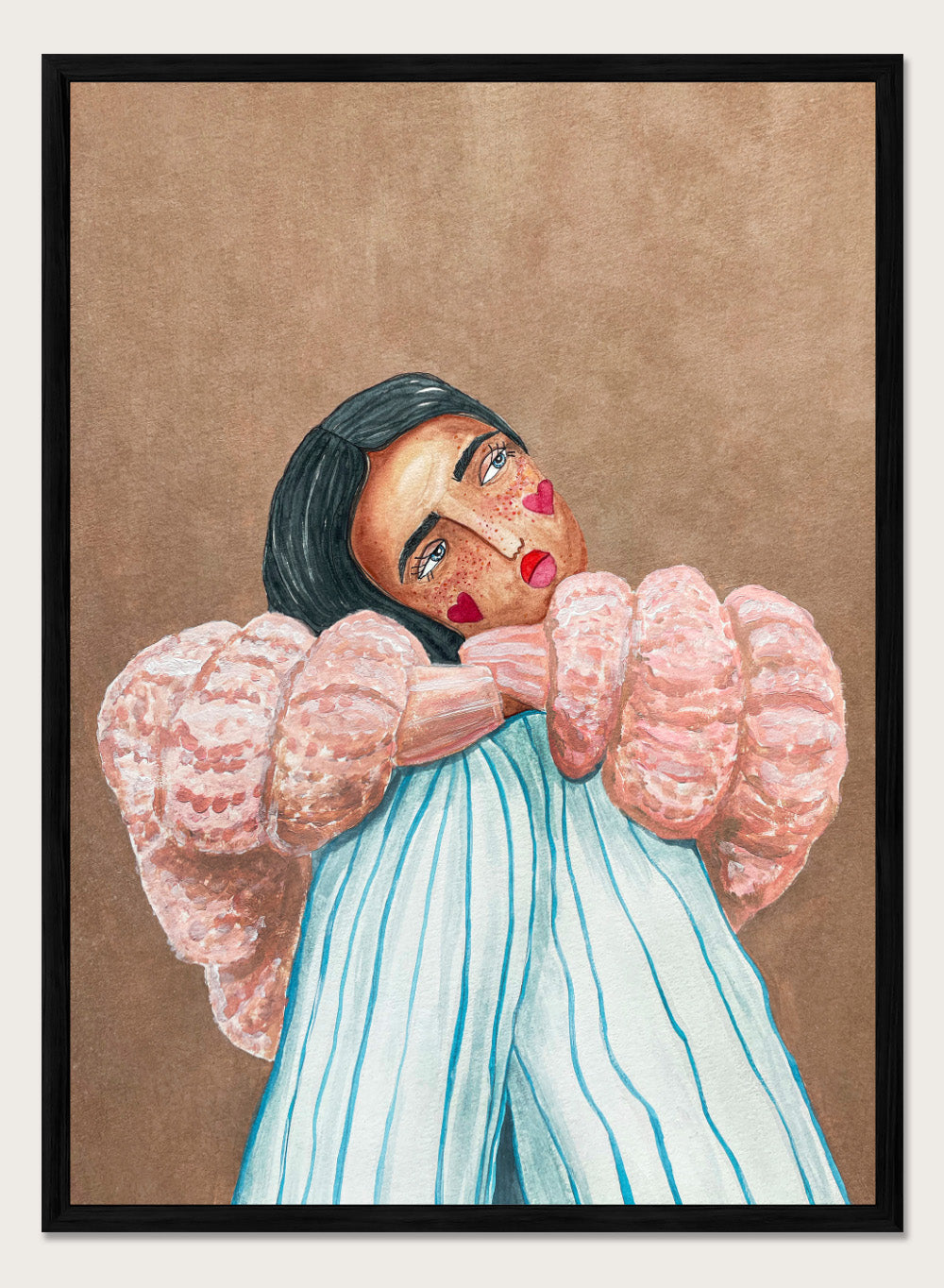 Artistic illustration of a person with large, textured sleeves against a brown background. Dreaming Girl by Raissa Oltmanns is a modern woman portrait art print with soft watercolor style, cozy pink jacket illustration, and contemporary wall poster.