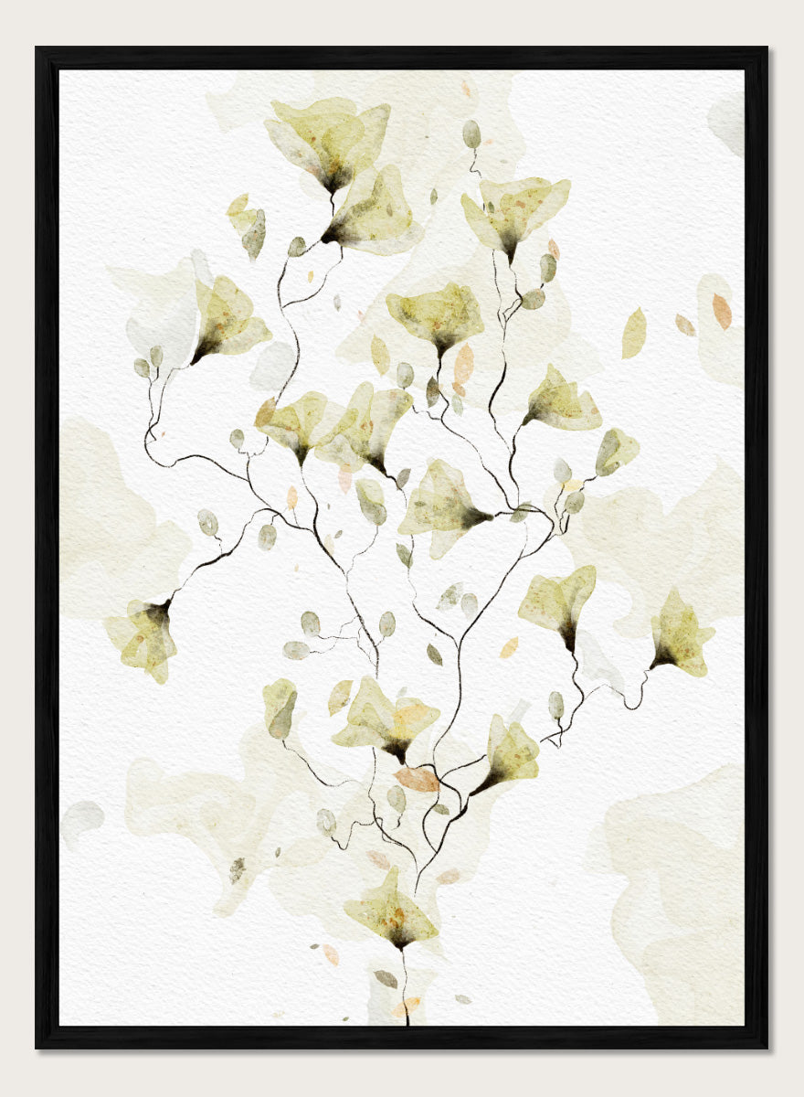 Watercolor floral art print featuring delicate pale yellow and beige flowers on a textured off-white background. Shop Delicate Watercolor Flowers by Ankie Kooi, a floral wall art print poster with watercolor wildflowers, botanical line art, yellow, green, and cream.