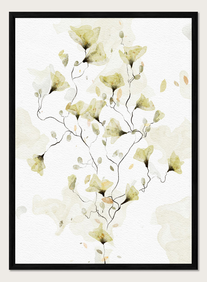 Watercolor floral art print featuring delicate pale yellow and beige flowers on a textured off-white background. Shop Delicate Watercolor Flowers by Ankie Kooi, a floral wall art print poster with watercolor wildflowers, botanical line art, yellow, green, and cream.