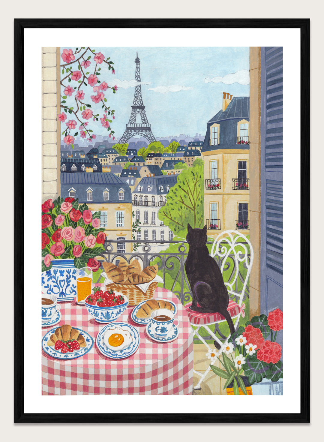 Parisian scene with a cat, table setting, and Eiffel Tower view. Paris Balcony Breakfast by Caroline Bonne Müller is a colorful Paris art print featuring Eiffel Tower view, breakfast table, cat illustration, and modern aesthetic city scene.