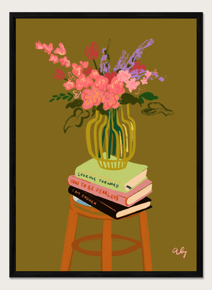 Vase with flowers on a stack of books on a stool against a green background. Floral Vase by Arty Guava is a modern flower still life art print with a striped vase and book stack. Officially licensed wall poster.