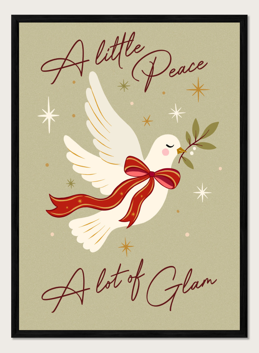 Shop Peace And Glam Dove by Dominique Vari, a festive dove wall art print poster featuring a red bow, olive branch, retro stars, and playful holiday typography.