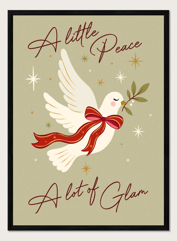 Shop Peace And Glam Dove by Dominique Vari, a festive dove wall art print poster featuring a red bow, olive branch, retro stars, and playful holiday typography.