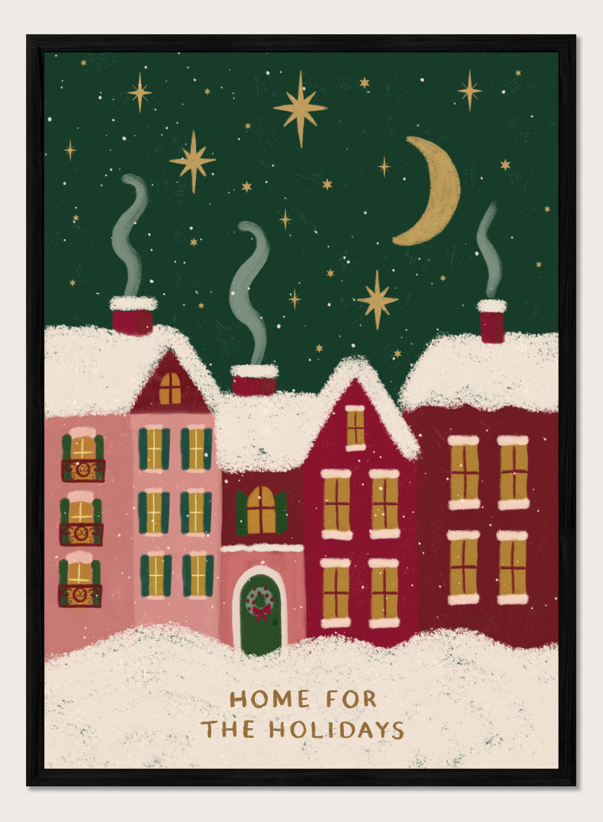 Shop Home For The Holidays by Katarzyna Gąsiorowska, a Christmas wall art print poster featuring snowy houses, glowing windows, stars, and a cozy winter village scene.
