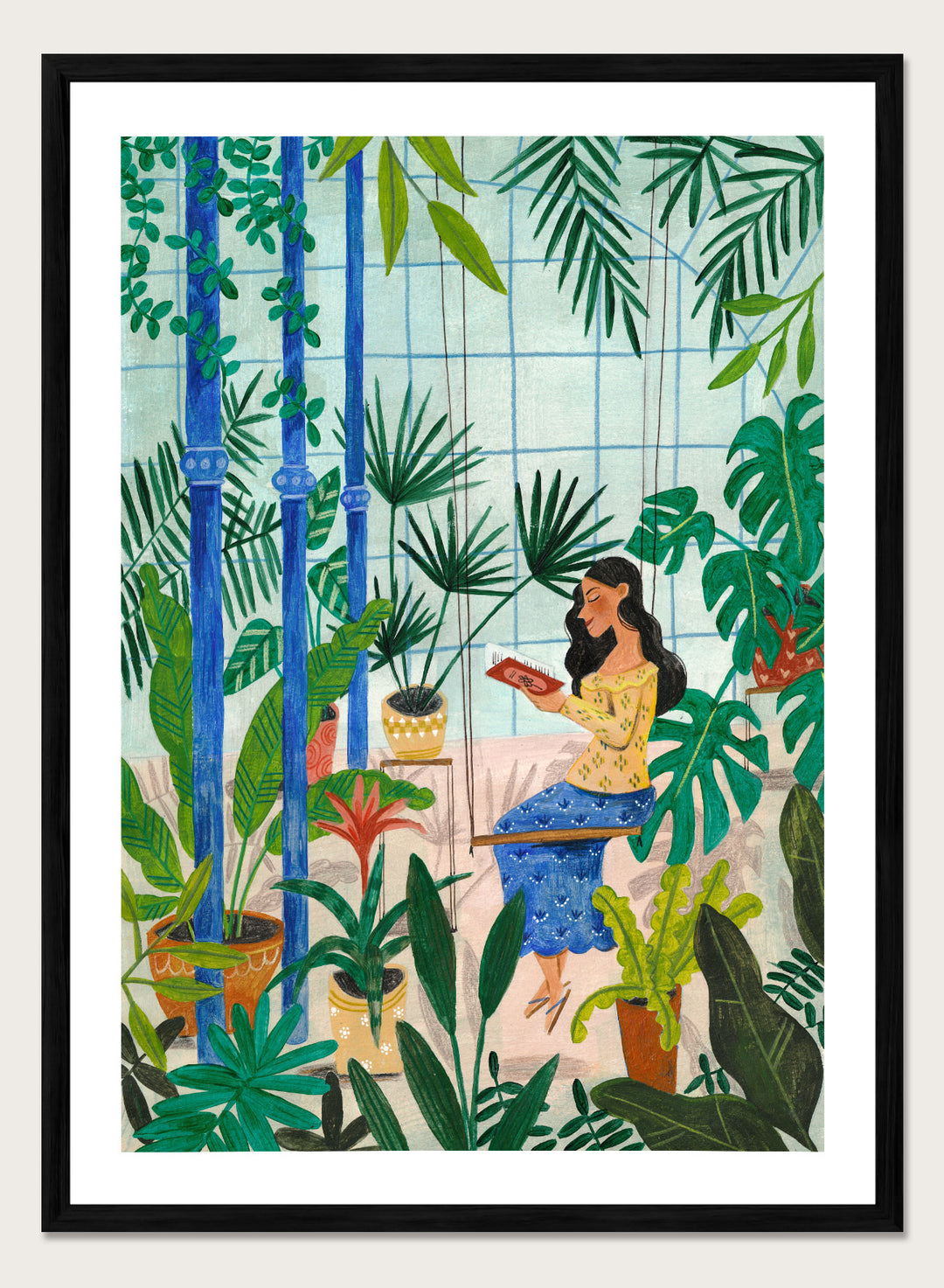 Woman sitting among plants in a room with bamboo and various greenery. Botanical Greenhouse Reader by Caroline Bonne Müller is a fine art print and wall poster featuring a woman reading in a lush indoor garden filled with tropical plants.