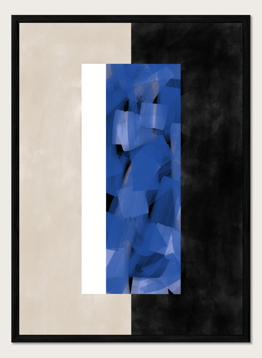 Shop Geometric Blue Layers by Elena Ristova, a modern abstract wall art print poster featuring layered cobalt brushwork, cream blocks, and bold black contrast.