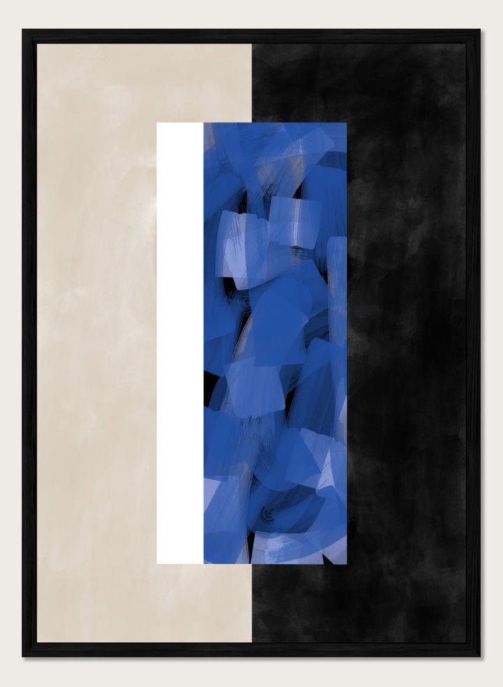Shop Geometric Blue Layers by Elena Ristova, a modern abstract wall art print poster featuring layered cobalt brushwork, cream blocks, and bold black contrast.