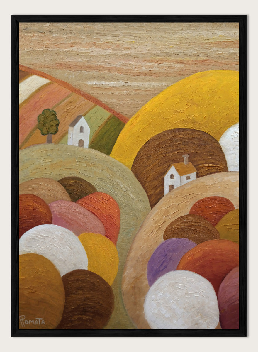 Shop Colorful Hillside Village by Angeles M. Pomata, an autumn landscape art print featuring rounded hills, tiny white houses, earthy tones, and rich oil texture.